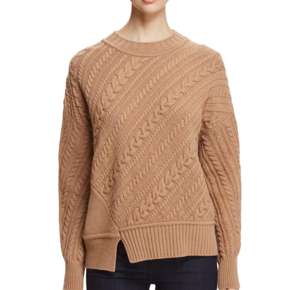 Weekend Max Mara Virgin‎ Wool Camel Cable Knit Asymmetrical Hem Sweater Size M